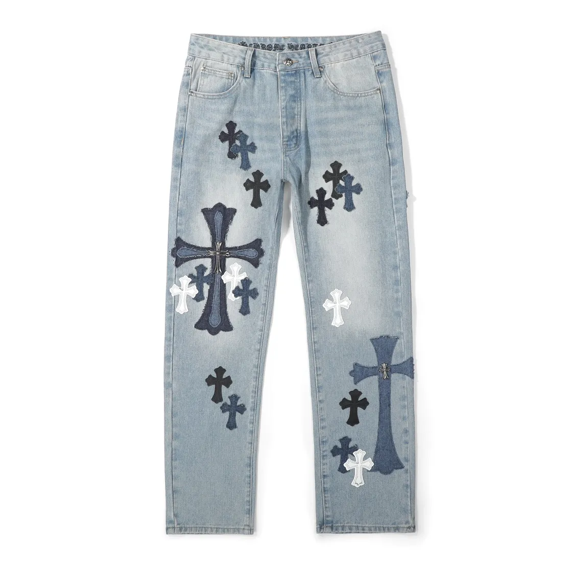 P290 (top replica) Ch rare co-branded top item Chrome hearts new Chrome heart patchwork leather patch cross stitching micro-flare jeans Top-notch configuration, invincible details! ! Cleanfit has become very popular in the past two years, and Kroxin’s consistent style is particularly high-end! ! Imported Japanese woven fabric ready-made clothes, genuine leather Crocodile leather labels and waist cloth leather tags are sewn on. The overall process is very cumbersome. The buttons on the trousers fly, rivets, back pockets, and metal decorative plates are all custom-made from molds. After they are finished, they are distressed to create a very effective effect. It has a vintage taste, and has been used by all kinds of big-name European and American celebrities. Kenijima’s cleanfit style has become popular all over the world. Top-grade hardware, pay attention to my detailed photos, the buttons are all detachable, and they are made of 925 engraved silver! ! Match as you like, suitable for both men and women ✔️✔️ Color: Blue Size: S M L XL